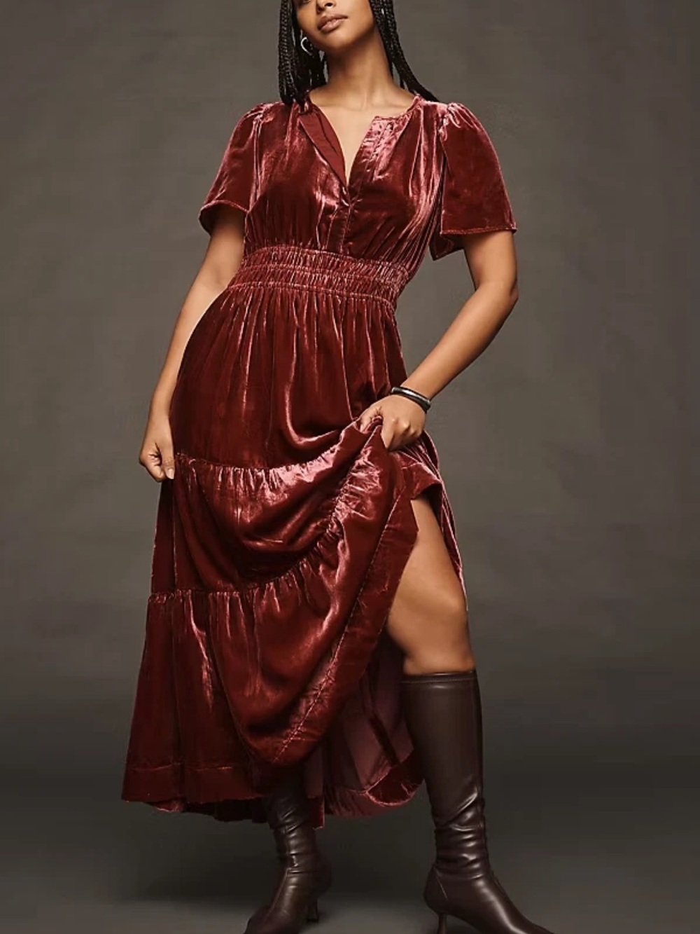 Anthropologie Plus 2X Somerset Velvet Burgundy Flutter Sleeve Tiered Maxi Dress